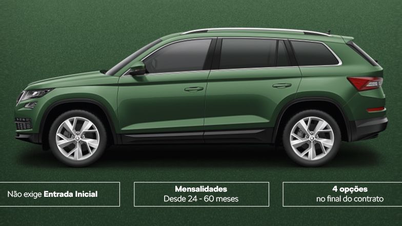 Um Škoda verde num fundo verde. Informações sobre o Plano fácil  Škoda no rodapé.