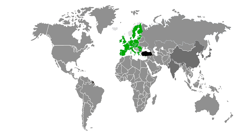 Mapa do mundo com os Países que usam o WLTP assinalados a verde 