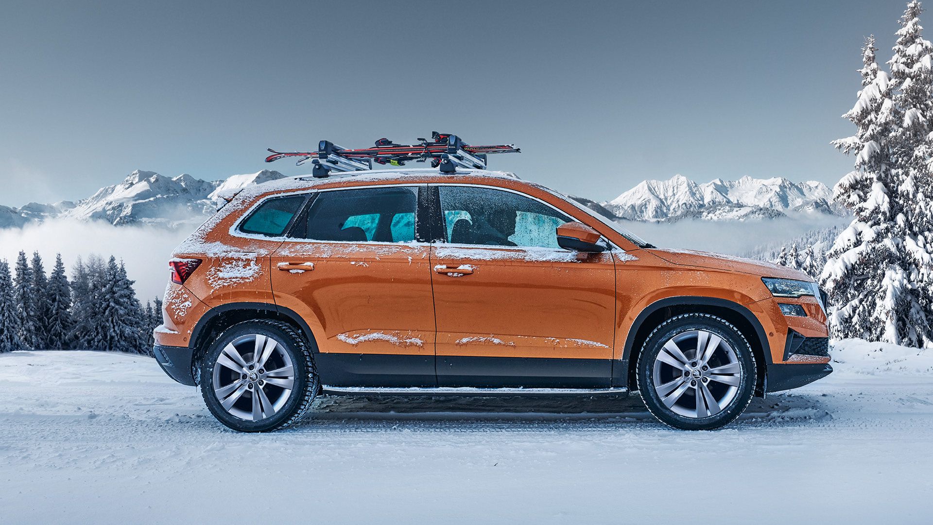 Ein Škoda Karoq mit Skiträger parkt in winterlicher Landschaft