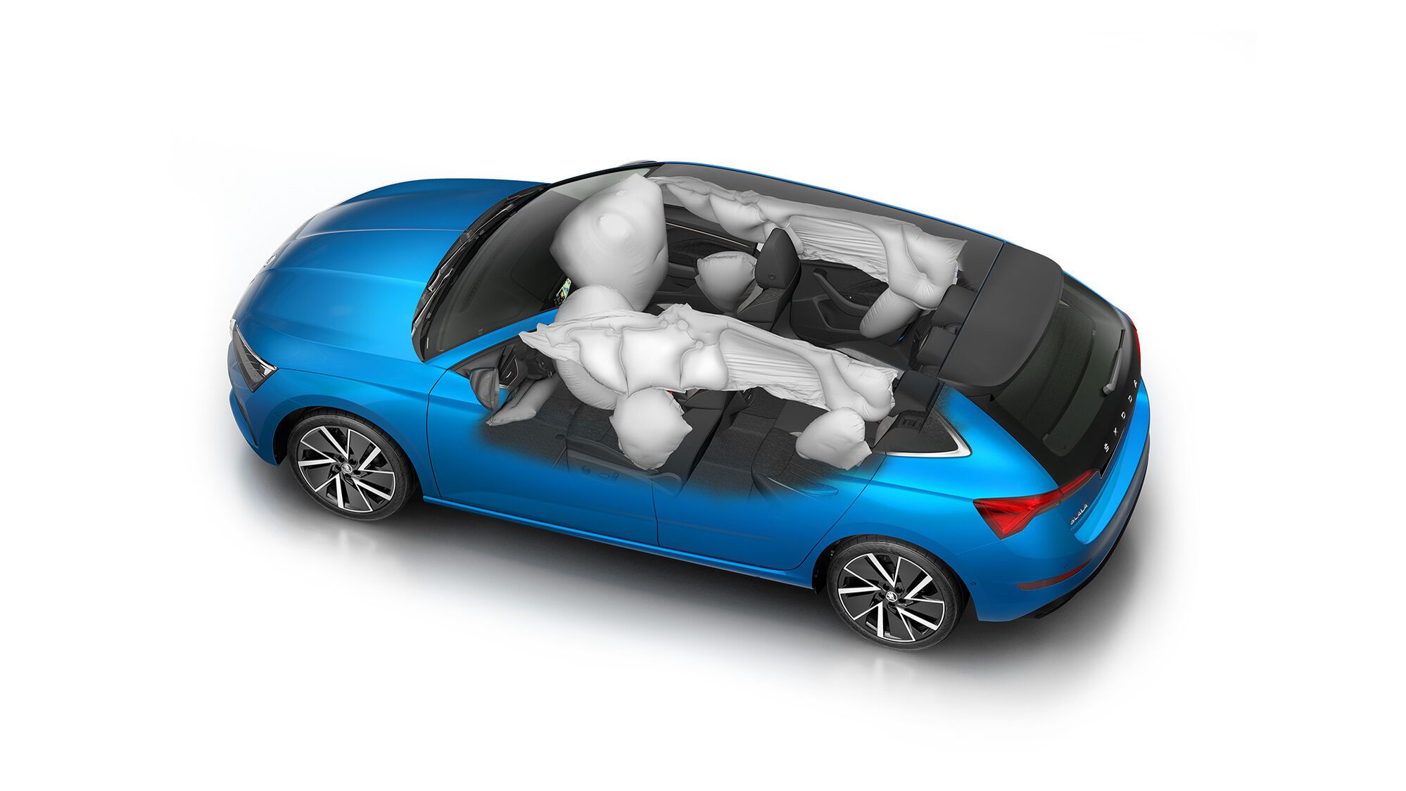 Škoda Scala aus der Vogelperspektive mit aktiven Airbags