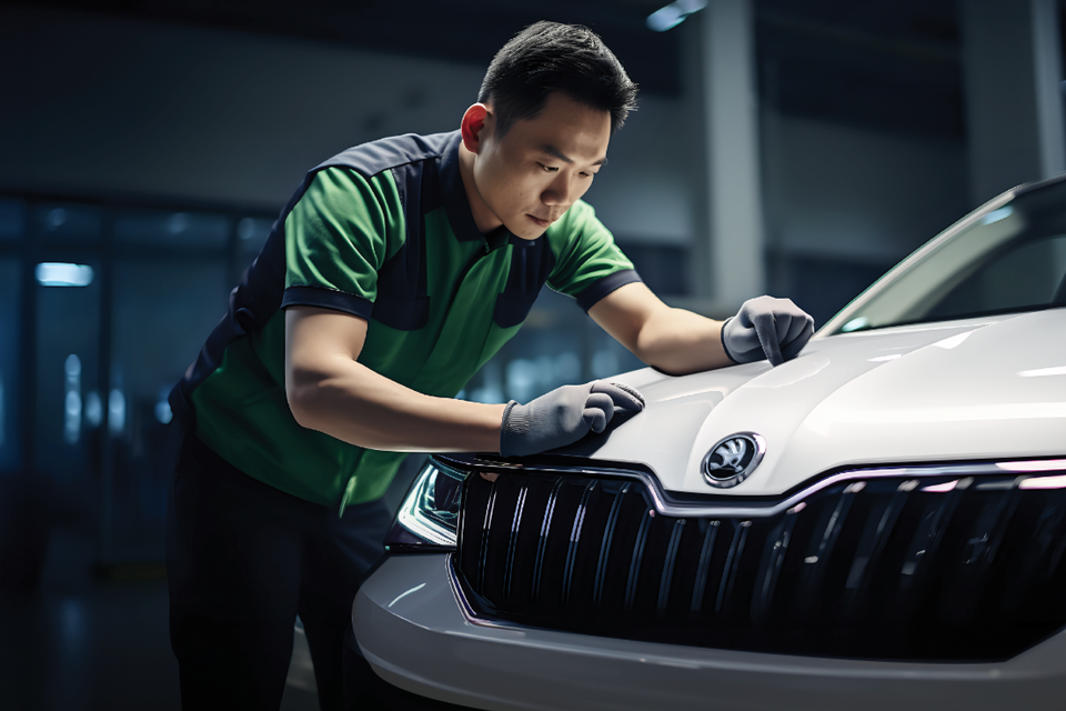 A Škoda technician wiping and checking the paintwork of a green Škoda