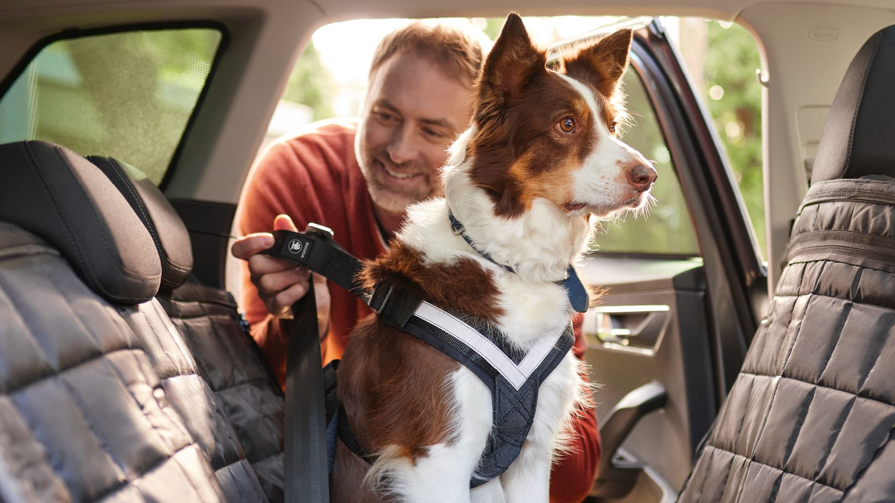 Ein Mann leint seinen Hund in seinem Škoda an. Dieser sitzt auf einer Hundematte.