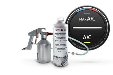 A bottle of car air-con care solution with the application spray; round car button: Max A/C, A/C
