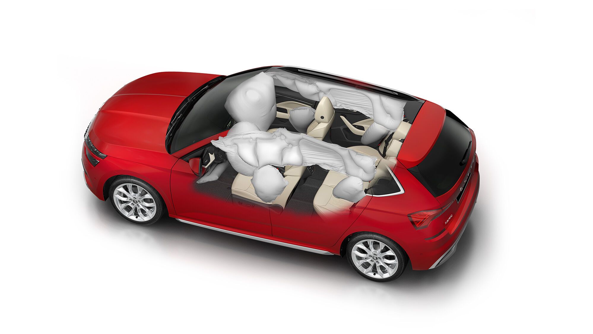 Shihet një ilustrim i një Škoda Kamiq me të gjithë airbag-ët hapur
