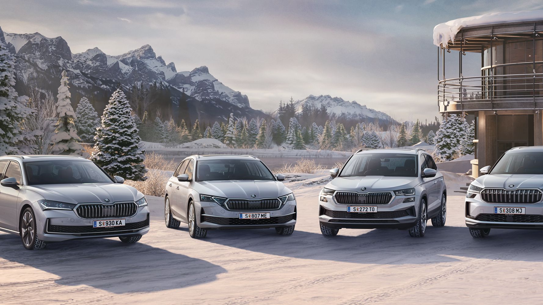 EIne Škoda Flotte in winterlicher Landschaft